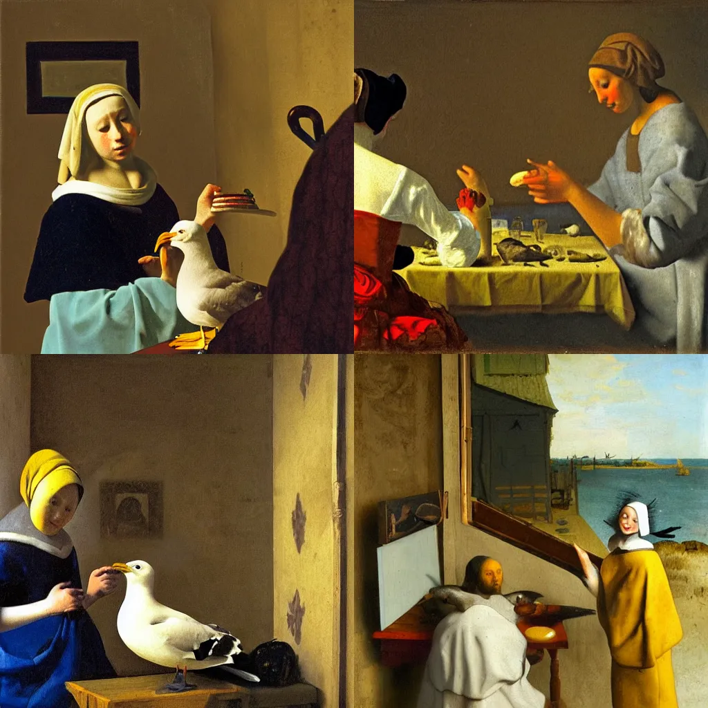 Prompt: painting of seagull stealing pickled herring out of tourist's hand in the style of Johannes Vermeer