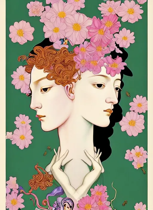 Image similar to 3 Spring Muses symbolically representing March, April, and May, in a style blending Æon Flux, Peter Chung, Shepard Fairey, Botticelli, Ivan Bolivian, and John Singer Sargent, inspired by pre-raphaelite paintings, shoujo manga, and cool Japanese street fashion, dramatically blossoming flora and fauna, petals falling everywhere, pastel vivid triad colors, hyper detailed, super fine inking lines, ethereal and otherworldly, 4K extremely photorealistic, Arnold render