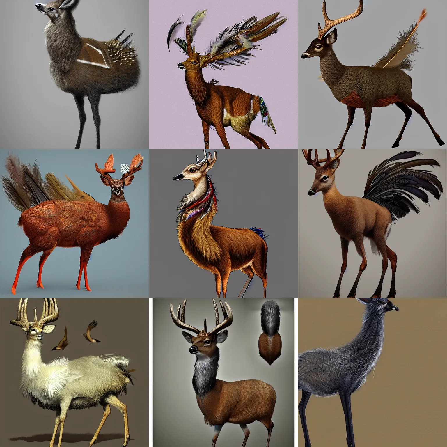 Prompt: a feathered deer with bird feathers instead of fur, trending on artstation, highly detailed, full body