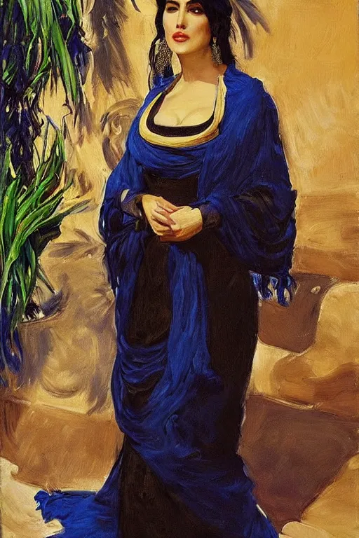 Prompt: monica bellucci as a persian girl with arabesque blue and golden detailed scarf near and mexican palms, painting by john singer sargent