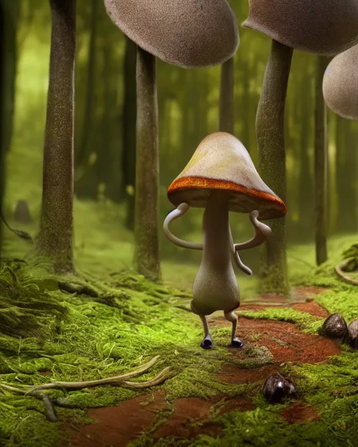 Prompt: Mushroom creature walking through a forest, octane render, professional cgi, highly detailed