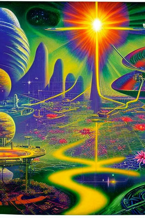 Prompt: a beautiful future for reality simulation, scientists and space flowers, utopian, by david a. hardy, wpa, public works mural, socialist