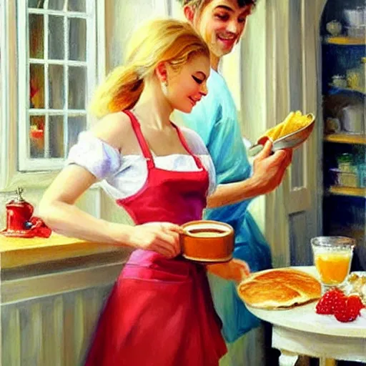 Image similar to young blonde wife making breakfast for her husband, painting by Vladimir Volegov,