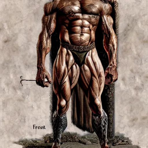 Image similar to enrico letta warlord wearing bronze age clothing, bodybuilder, anatomical, symmetrical, zoom out, high quality, high definition, 8 k, photograph photorealistic by frank frazetta