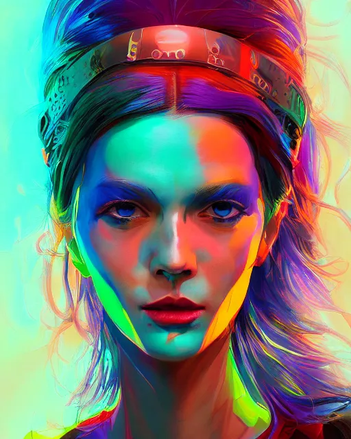 Image similar to colorful character portrait of a female hippie, set in the future 2 1 5 0 | highly detailed face | very intricate | symmetrical | cinematic lighting | award - winning | painted by mandy jurgens | pan futurism, dystopian, bold colors, cyberpunk, groovy vibe, anime aesthestic | featured on artstation