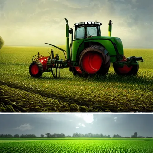 Image similar to huge green farming robot with agricultural tractor in the corn field, sphere shape, robots, humanoid, farming, highly detailed digital painting, artstation, concept art, smooth, sharp focus, illustration, art by artgerm and greg rutkowski, unreal engine