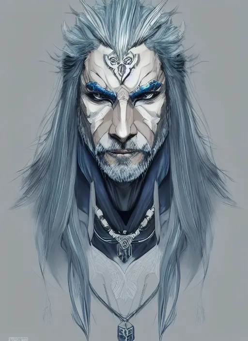 Prompt: Half body portrait of mature man with long silver hair, half man half wolf, wearing ornate pale blue attire. In style of Yoji Shinkawa and Hyung-tae Kim, trending on ArtStation, dark fantasy, great composition, concept art, highly detailed, dynamic pose.