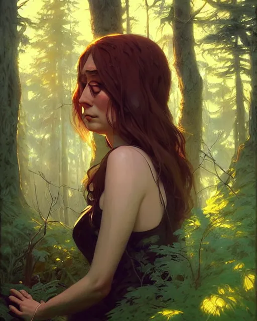 Image similar to stylized portrait of an artistic pose, composition, old forest witch surrounded by nature, realistic shaded, fine details, realistic shaded lighting poster by ilya kuvshinov, magali villeneuve, artgerm, jeremy lipkin and michael garmash and rob rey