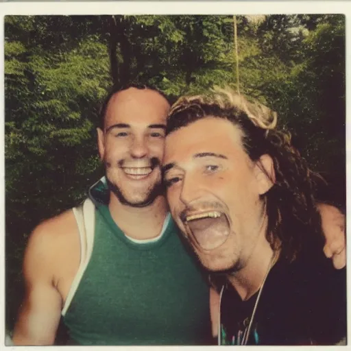 Image similar to polaroid of Homelander and Billy Butcher on holday having a great time together