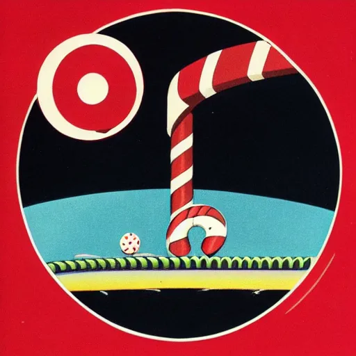 Prompt: 1960s illustration of a centered red and white round peppermint candy as a black hole consuming Candy Land, stunning, high quality