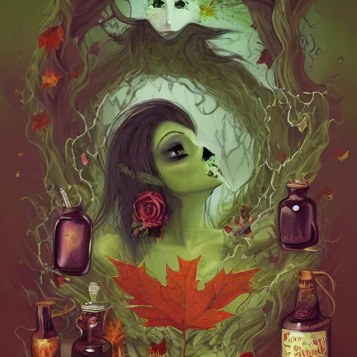 Image similar to Hell and heaven, captured in bottles, a heart full of envy, The Autumn Plague Gardener, the theme of Alice in Wonderland, digital painting, its softness partakes of fluidity, illustration, deep dark, artstation, intricate, biodiversity in a world of change and constancy, ue5, by deiv calviz and bossmonsterbani