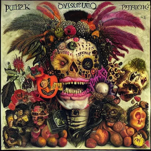 Image similar to punk album cover, psychedelic, giuseppe arcimboldo