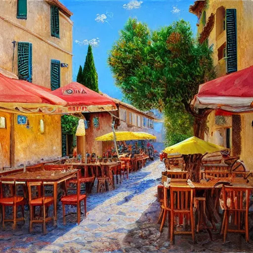 Prompt: a traditional pizzeria in the street of a small village on the riviera. a terrace in the shade of a hundred - year - old olive tree, a friendly atmosphere around pizzas and rose wine. dolce vita. unreal engine rendering, hyper realist, ultra detailed, oil painting, warm colors, happy, impressionism, da vinci, 4 k,