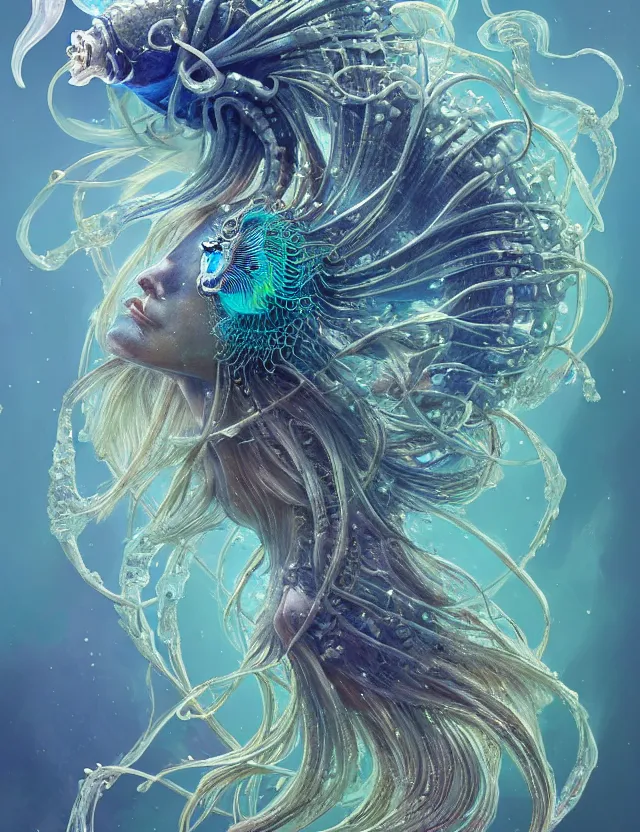 Image similar to goddess macro shouler portrait from bottom to top in crown made of ram skull. betta fish, jellyfish phoenix, bioluminiscent, plasma, ice, water, wind, creature, super intricate ornaments artwork by tooth wu and wlop and shofff and greg rutkowski