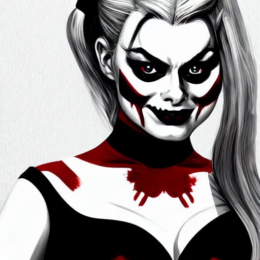 Prompt: Margot Robbie as Harley Quinn as a vampire, highly detailed, digital painting, artstation, concept art, smooth, sharp focus, illustration, art by yoji shinakawa, black and white, red