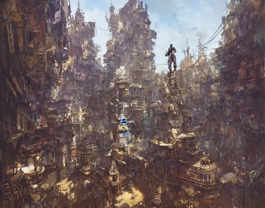 Prompt: retro plaza in victorian steampunk city, on a steep hill, a Griffin stands with people gathered around it, daniel dociu, liang mark, syd mead, jeremy mann, artsation, john berkey