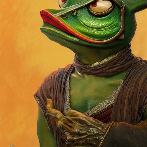 Image similar to pepe the frog as aragorn by alan lee, leather armor, golden hour, concept art, detailed clothing, art station, oil painting, art by artgerm and greg rutkowski and alphonse mucha