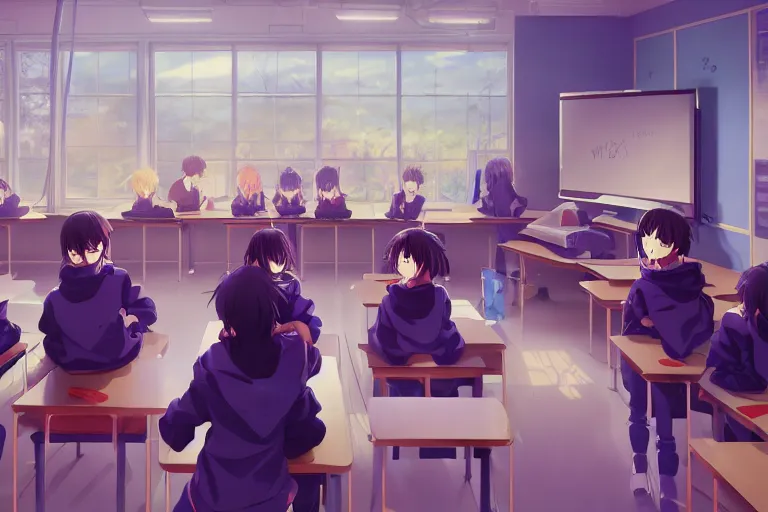 boy's love anime modern high school classroom in, Stable Diffusion