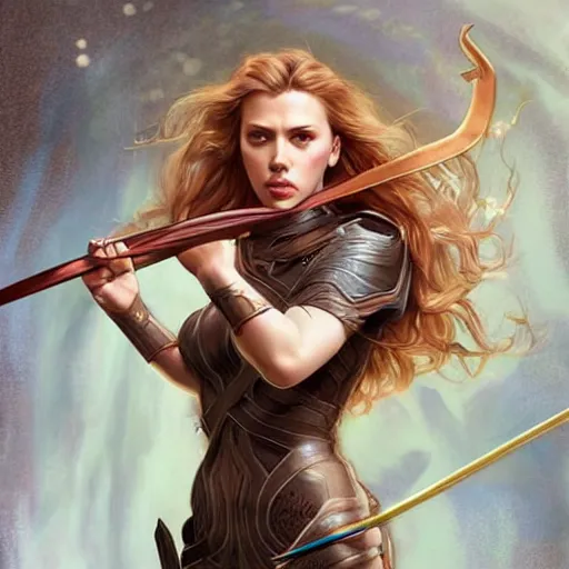 Image similar to Scarlett Johansson as a archer, cute, fantasy, intricate, elegant, highly detailed, centered, digital painting, artstation, concept art, smooth, sharp focus, illustration, art by artgerm and H R Giger and alphonse mucha