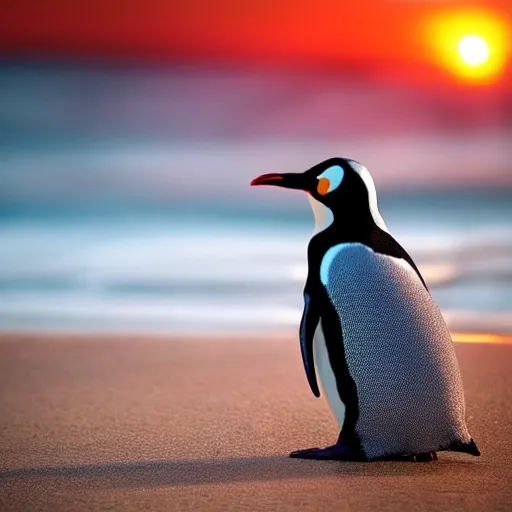 Prompt: realistic penguin at the beach during sunset. high details