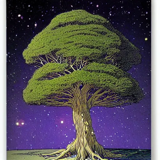 Image similar to a large tree growing from a crystal floating in space, by moebius