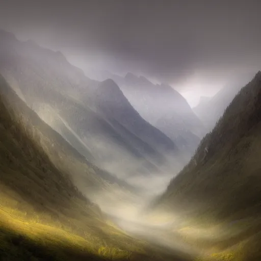 Prompt: god in a misty mountain valley