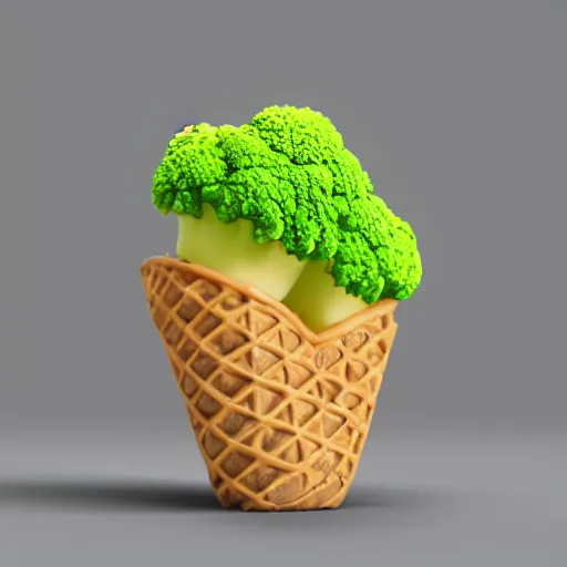 Image similar to a 3 d render of an ice cream in the shape of a brocoli, pixar renderman, trending on artstation, soft lighting, raytracing, high quality, 4 k