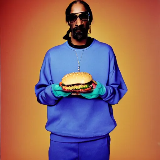 Image similar to Snoop Dogg holding a cheeseburger for a 1990s sitcom tv show, Studio Photograph, portrait, C 12.0