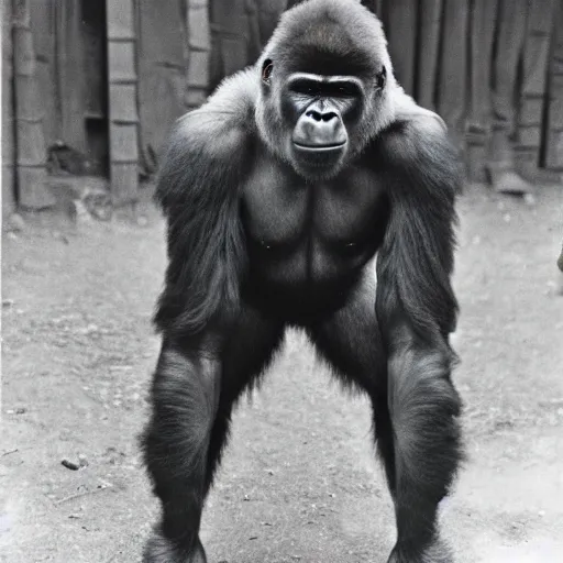 Image similar to a Gorilla soldier, ww2, war photo, film grain.