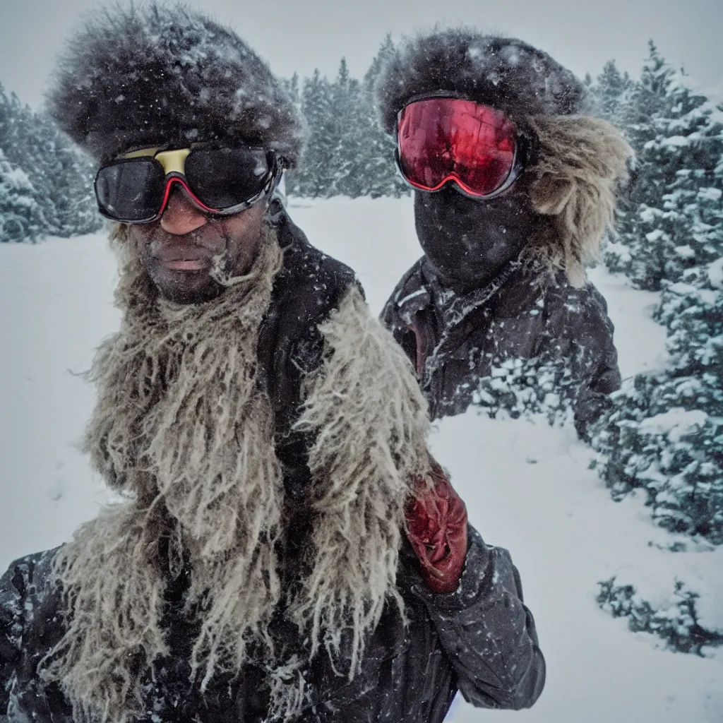 Image similar to photo, old black man wandering in the snow, moncler jacket, ski goggles, wild unkempt hair, mischevious grin, portrait, cold color temperature, snow storm. hazy atmosphere. humidity haze. kodak ektachrome, greenish expired film, award winning, low contrast