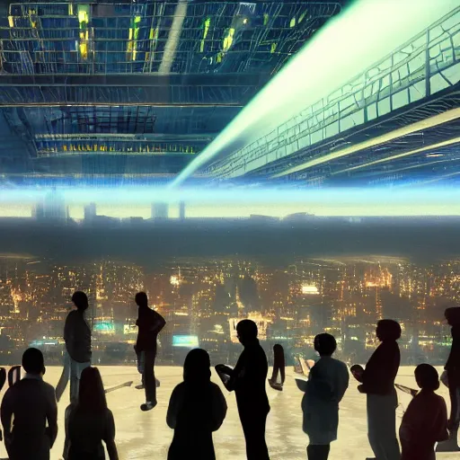 Image similar to large group people in a huge warehouse, looking at hologram of futuristic city on a table | cinematic concept art | sunlight godrays | 4 k | clear details | tabletop model | tabletop model | hologram foreground