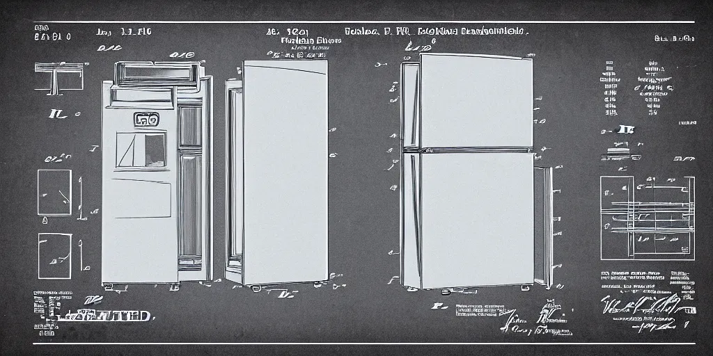 Prompt: refrigerator patent drawing style