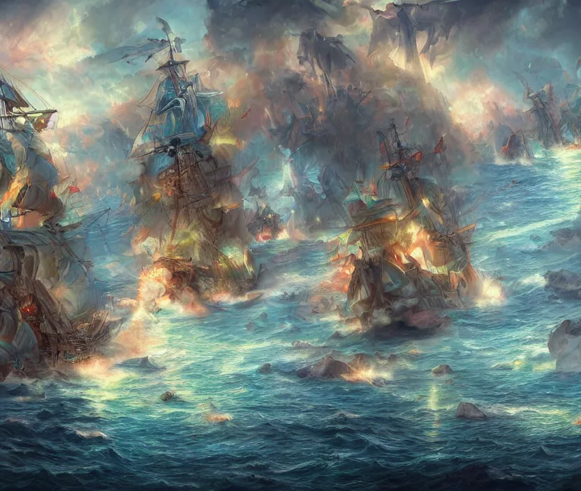 Image similar to Naval epic battle, fantasy concept art, coloful digital painting, highly detailed