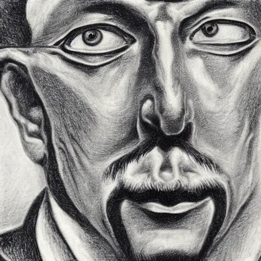 Image similar to Close-up of Don Quixote, pencil drawing. El Greco, Remedios Varo, Salvador Dali, Carl Gustav Carus, John Atkinson Grimshaw. Blue tint. Symetrical, logo, geometric shapes.