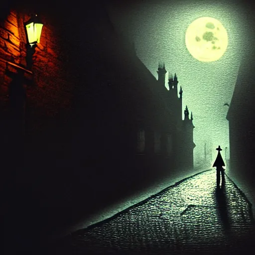 Prompt: jack the ripper lurking in a dark alleyway, holding a knife, one point perspective, full moon, foggy night, black alley cat, cobblestone road, stone arch, big ben, analogue photograph, hyperrealistic, macabre, spooky, trending on artstation