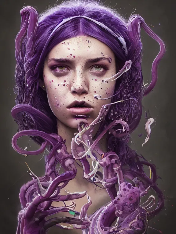 Prompt: art portrait of a furious girl with purple tentacles on her head,8k,by tristan eaton, Stanley Artgermm,Tom Bagshaw,Greg Rutkowski,Carne Griffiths,trending on DeviantArt, face enhance,hyper detailed,minimalist ,full of colour