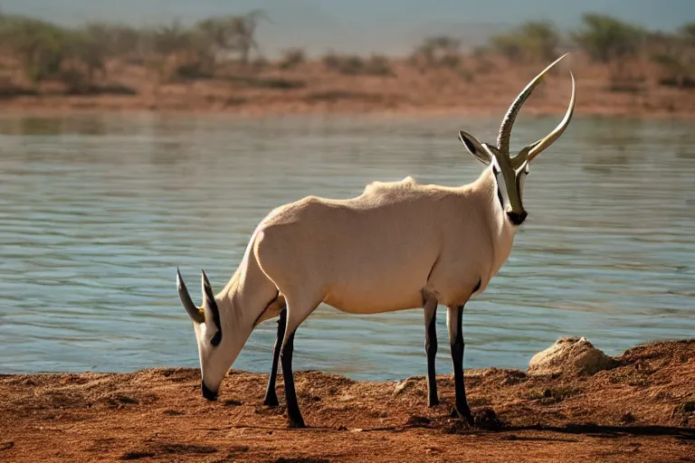 Prompt: ultra realistic nature photography, panoramic picture of ( subject : a beisa oryx drinking at a water hole ). wavy, scattered light entering from the water surface, artstation, focus on the beisa oryx, extremely hyperrealistic crisply sharp oryx, 8 k