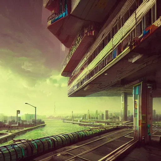 Prompt: future city made from bright concrete and steel, metropolis, brutalist, waterways, waterfalls, dramatic clouds, neon green lava streets, god rays, digital art, landscape, fantasy art, octane render, pop art, ureal engine, high detail, very realistic, by greg rutkowski. by simon stalenhag