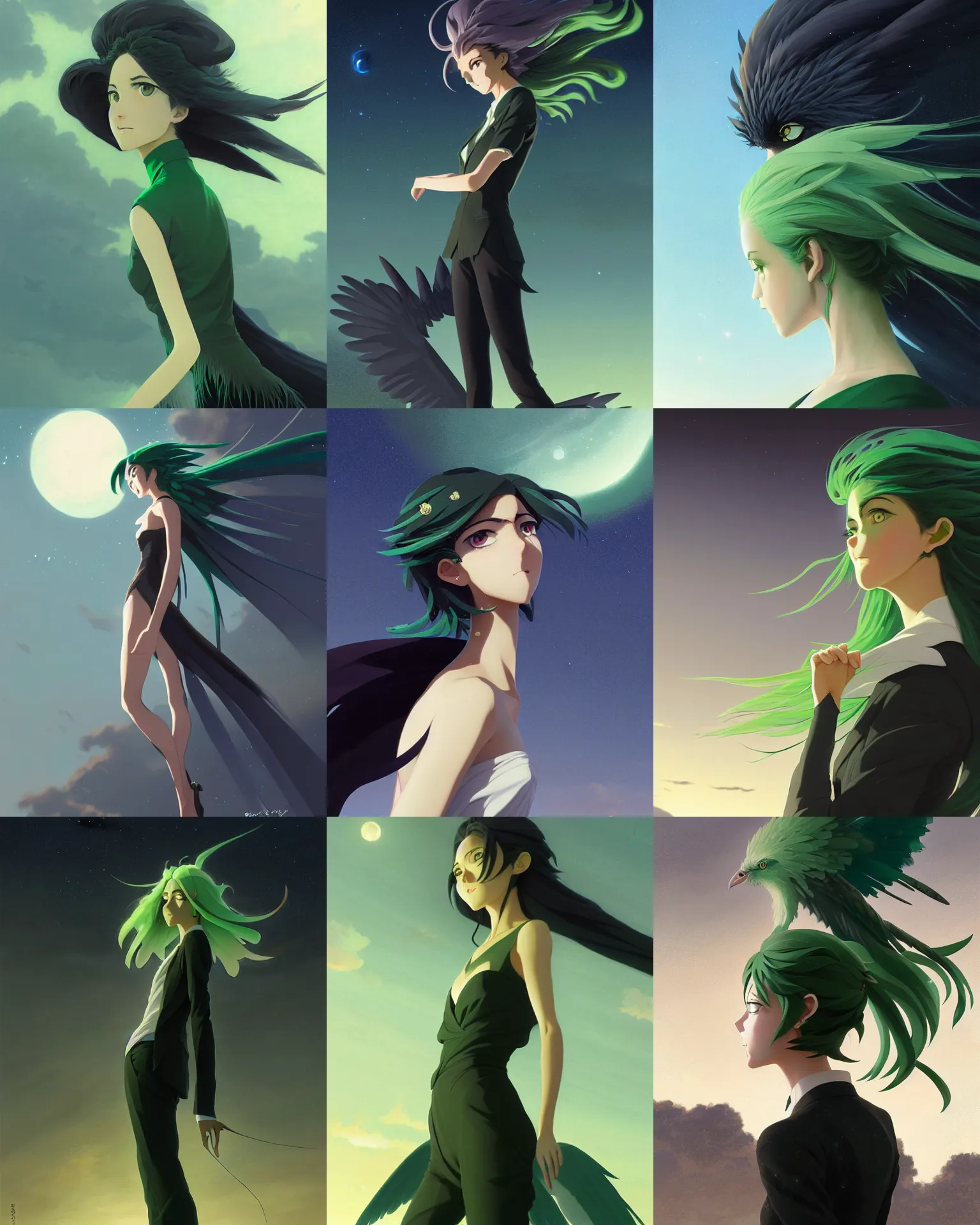 Prompt: young harpy woman, green medium length feathery hair, black business suit, detailed perfect face, exquisite details, mid view, night sky background, by studio muti, greg rutkowski makoto shinkai takashi takeuchi studio ghibli