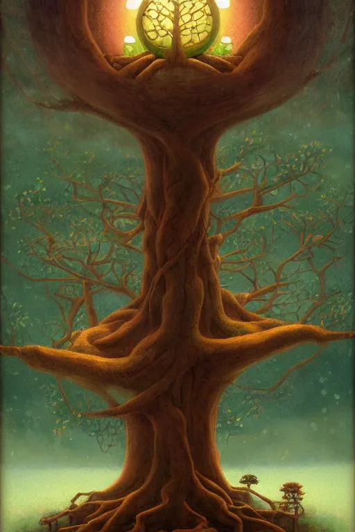 Image similar to Yggdrasil the tree of life by Shaun Tan and Hiroshi Yoshida, trending on artstation