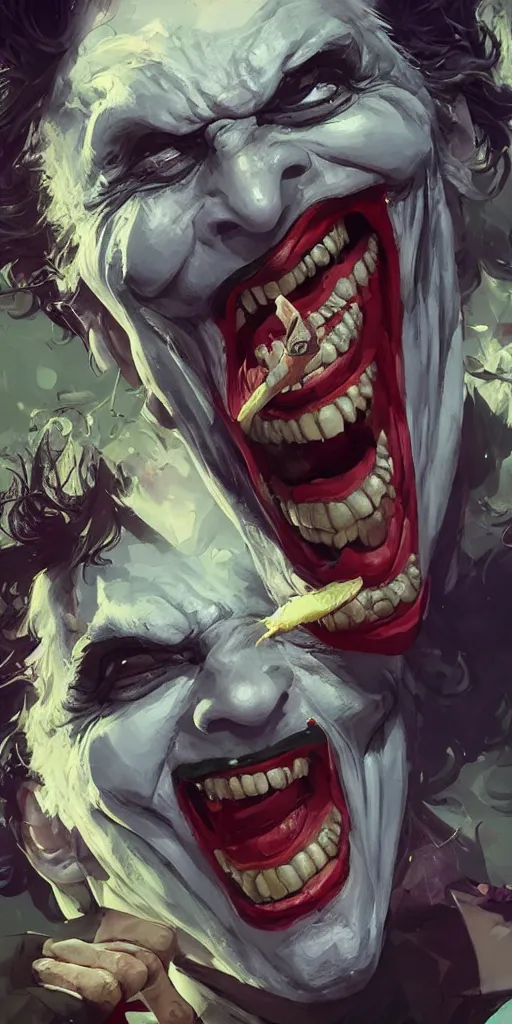 Image similar to Every joker ever laughing at me, Darek Zabrocki, Karlkka, Jayison Devadas, Phuoc Quan, trending on Artstation, 8K, ultra wide angle, pincushion lens effect