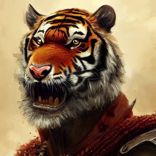 Prompt: a detailed portrait of a tiger earth sorcerer dressed with a leather armor, by justin gerard and greg rutkowski, digital art, realistic painting, dnd, character design, trending on artstation