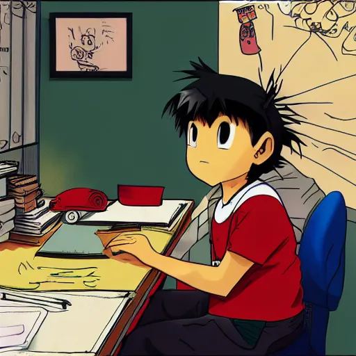 Prompt: mexican kid sitting at his desk asleep, anime, manga