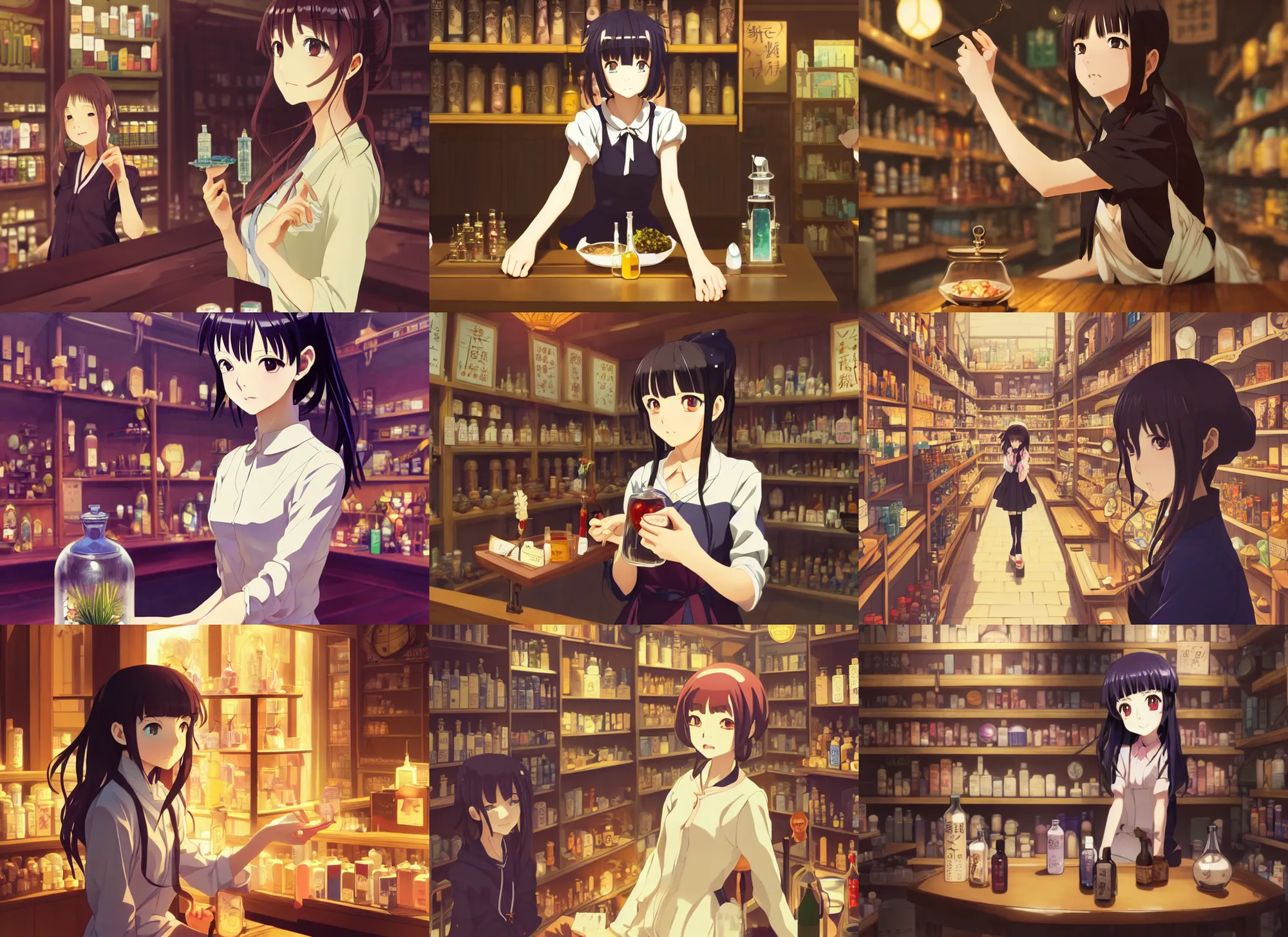 Prompt: anime visual, portrait of a young female traveler in a alchemist's potion shop interior shopping, low light, cute face by ilya kuvshinov, yoh yoshinari, makoto shinkai, katsura masakazu, dynamic pose, dynamic perspective, cel shaded, flat shading mucha, crisp and sharp, rounded eyes, moody, detailed facial features