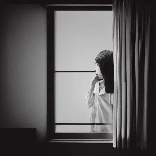 Prompt: photography girl looking at the window by hisaji hara