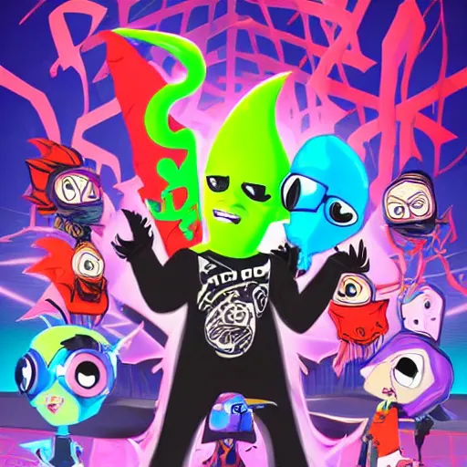 Image similar to psychic punk rocker electrifying rockstar squid guy with a vampire squid for a head concept character designs of various shapes and sizes by genndy tartakovsky and splatoon by nintendo and the psychonauts franchise by doublefine tim shafer artists as well as the artist for the new hotel transylvania film