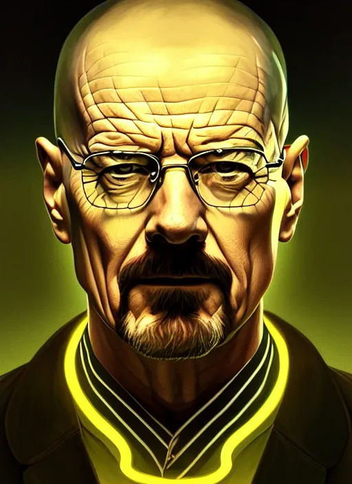 Image similar to symmetry portrait of walter white, glowing lights intricate, elegant, highly detailed, digital painting, artstation, concept art, smooth, sharp focus, illustration, art by artgerm and greg rutkowski and alphonse mucha