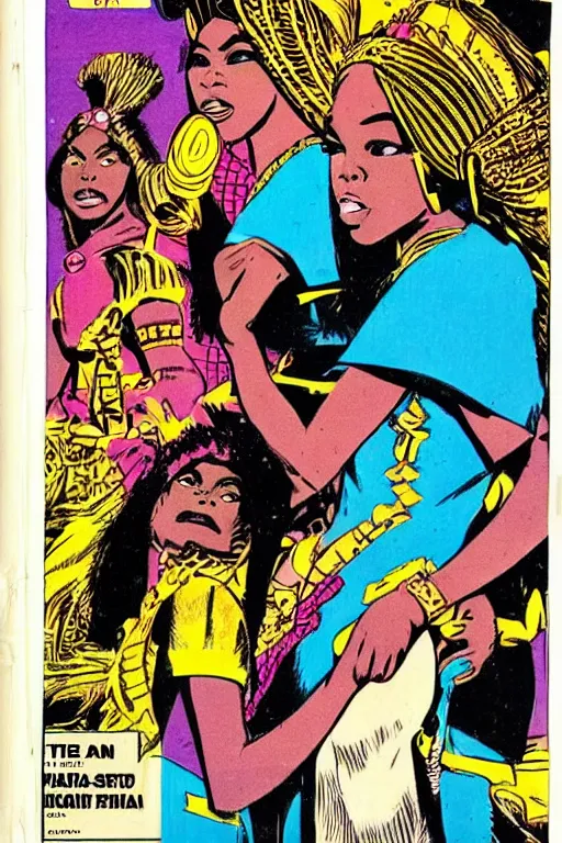 Prompt: !dream native african girls drawn by Jack Kirby, vintage 70s comic cover