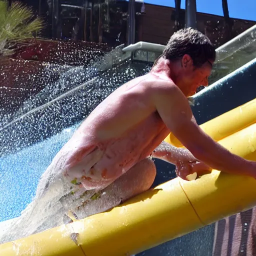 Prompt: raw chicken going down a waterslide