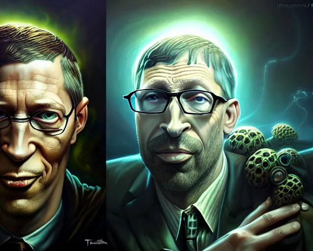 Image similar to lovecraft biopunk portrait of drake and bill gates, fractal background, by tomasz alen kopera and peter mohrbacher